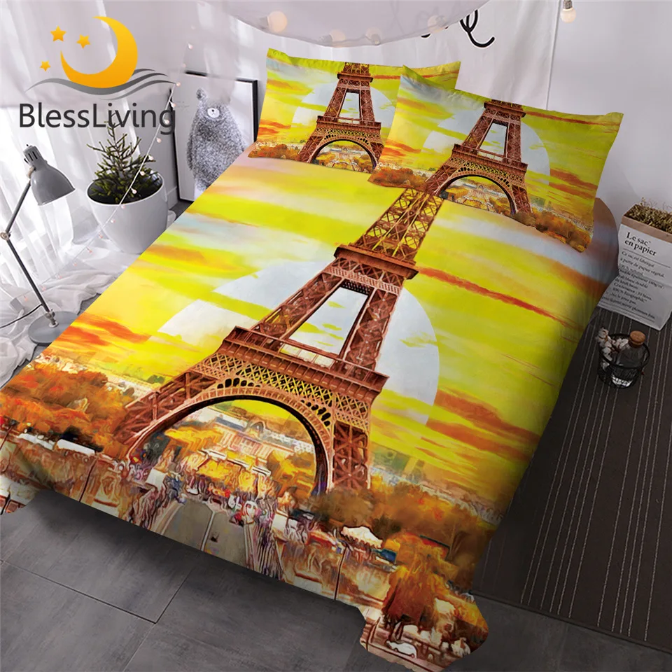 

BlessLiving Paris Tower Bedding Set France Oil Painting Bed Set Romantic Sunset Quilt Cover 3D Printed Watercolor Home Textiles