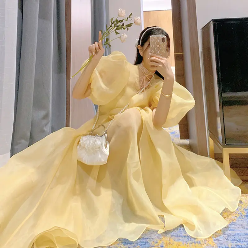 

French Retro Sweet Kawaii Dress Women Elegant Chic Fairy Party Midi Dress Female Tale Puff Sleeve Cute Korean Dress Summer 2021