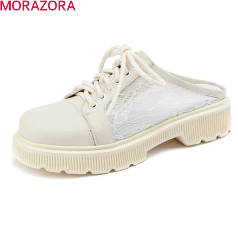 

Женские шлепанцы на среднем каблуке MORAZORA, черные повседневные Шлепанцы из натуральной кожи, на шнуровке, лето 2021