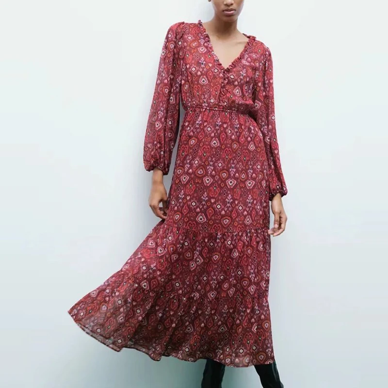 

Женское платье-миди с геометрическим принтом, V-образным вырезом и длинным рукавом