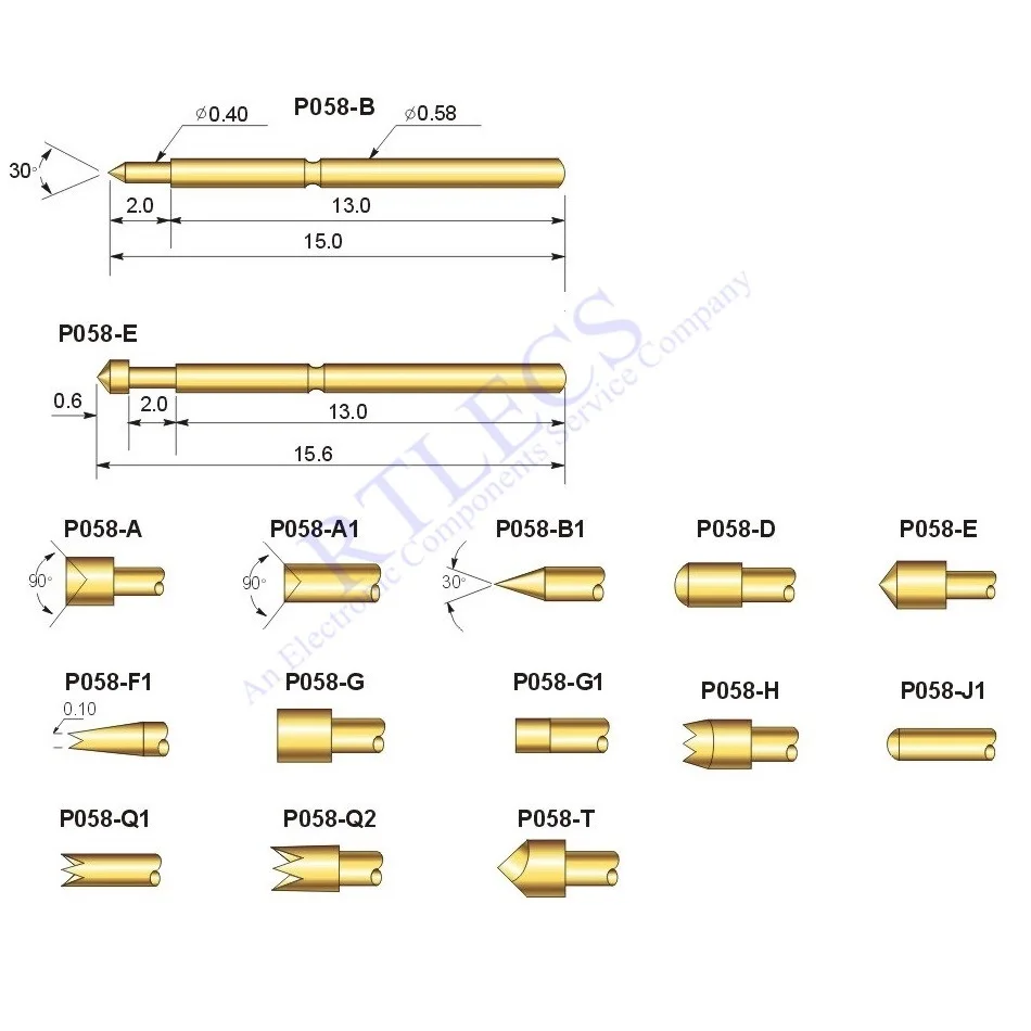 

100Pcs 1.0 MM Pitch Min Spring Test Probe P058 Bare PCB Testing Pin 0.58 Dia Gold plated TIP Styles Sockets to Order