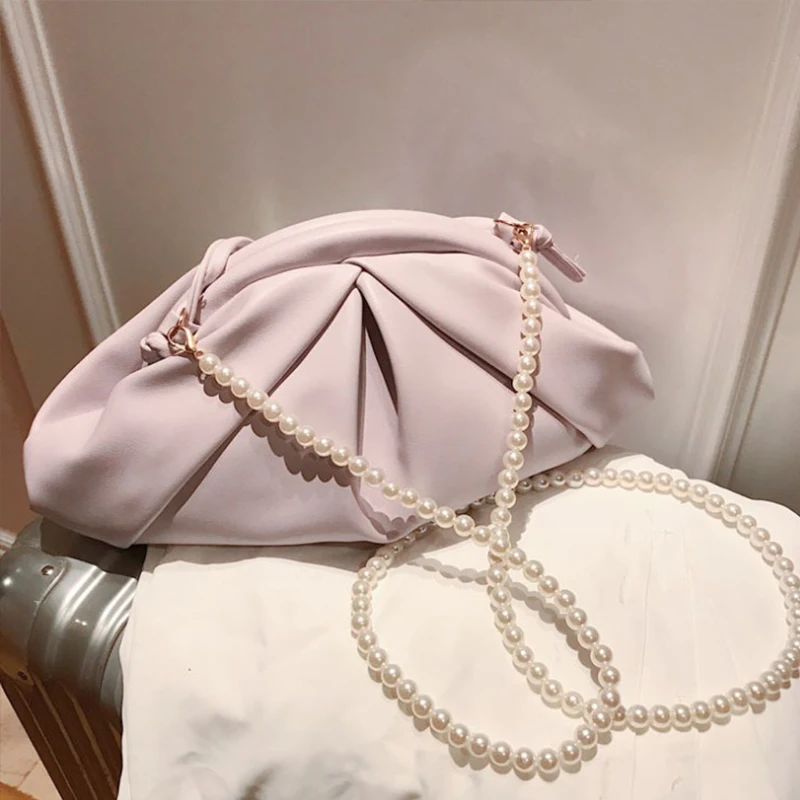 

Summer Popular New Small Women Bag Fashion Net Red Pearl Chain Cross Body Bags Shell Shoulder Bag PU Pleated Design Cloud Bags