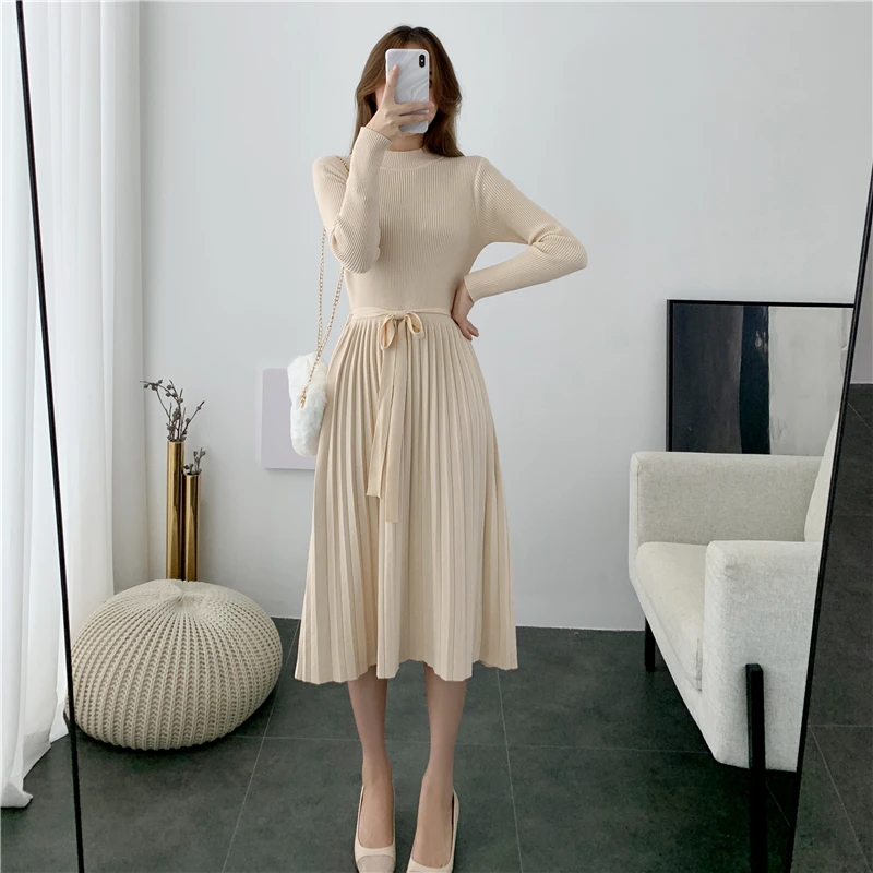 2020 Новое модное зимнее женское платье с длинным рукавом и высокой горловиной