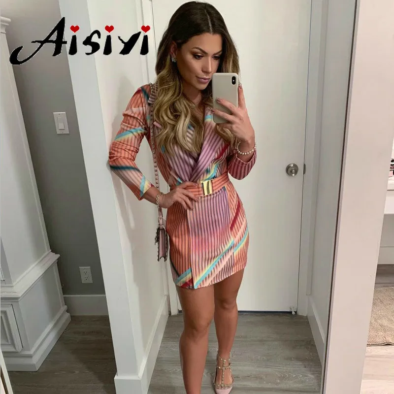 Женское платье блейзер с разноцветным принтом в полоску элегантный повседневный