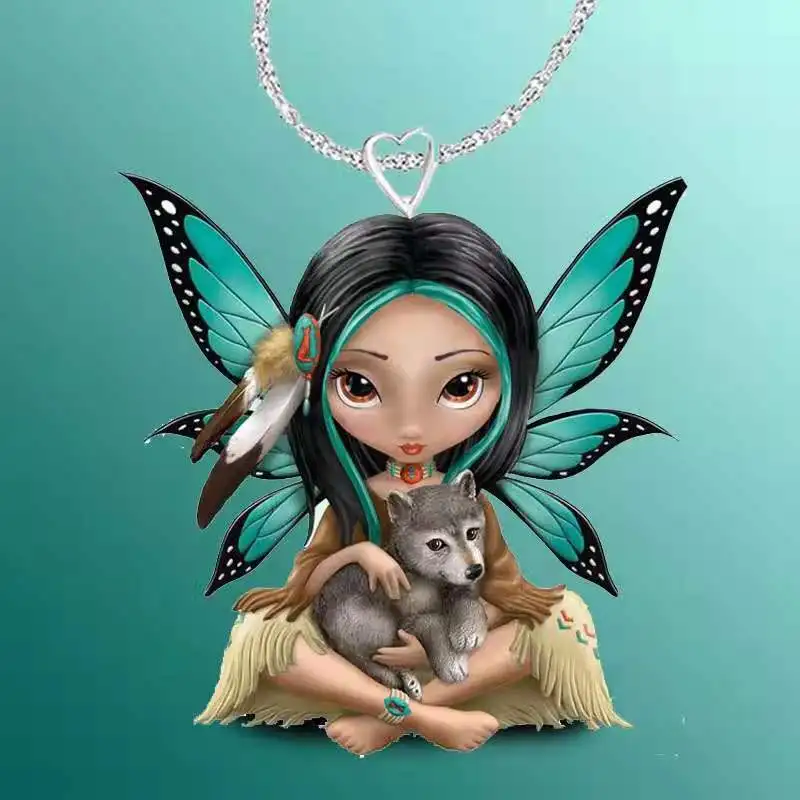 

Exquisite Cartoon Princess Holding Wolf Resin Pendant Necklace for Women Girl Green Butterfly Wings Women Necklace Party Jewelry