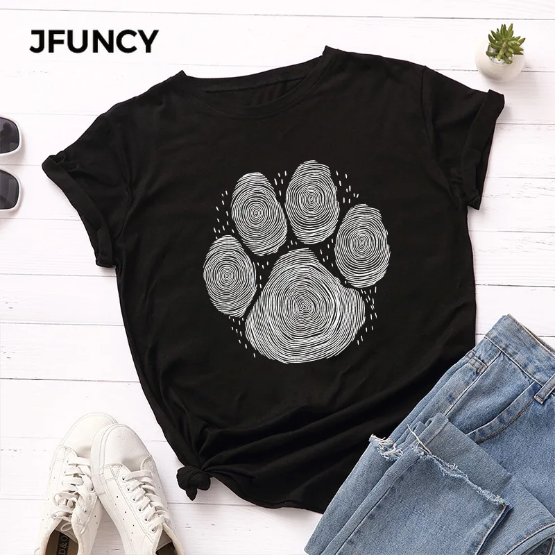 JFUNCY 2020 Summer Women T Shirt  Female T-shirts Short Sleeve Cotton Tshirt Dog Fingerprint Print Lady Casual Tee Tops