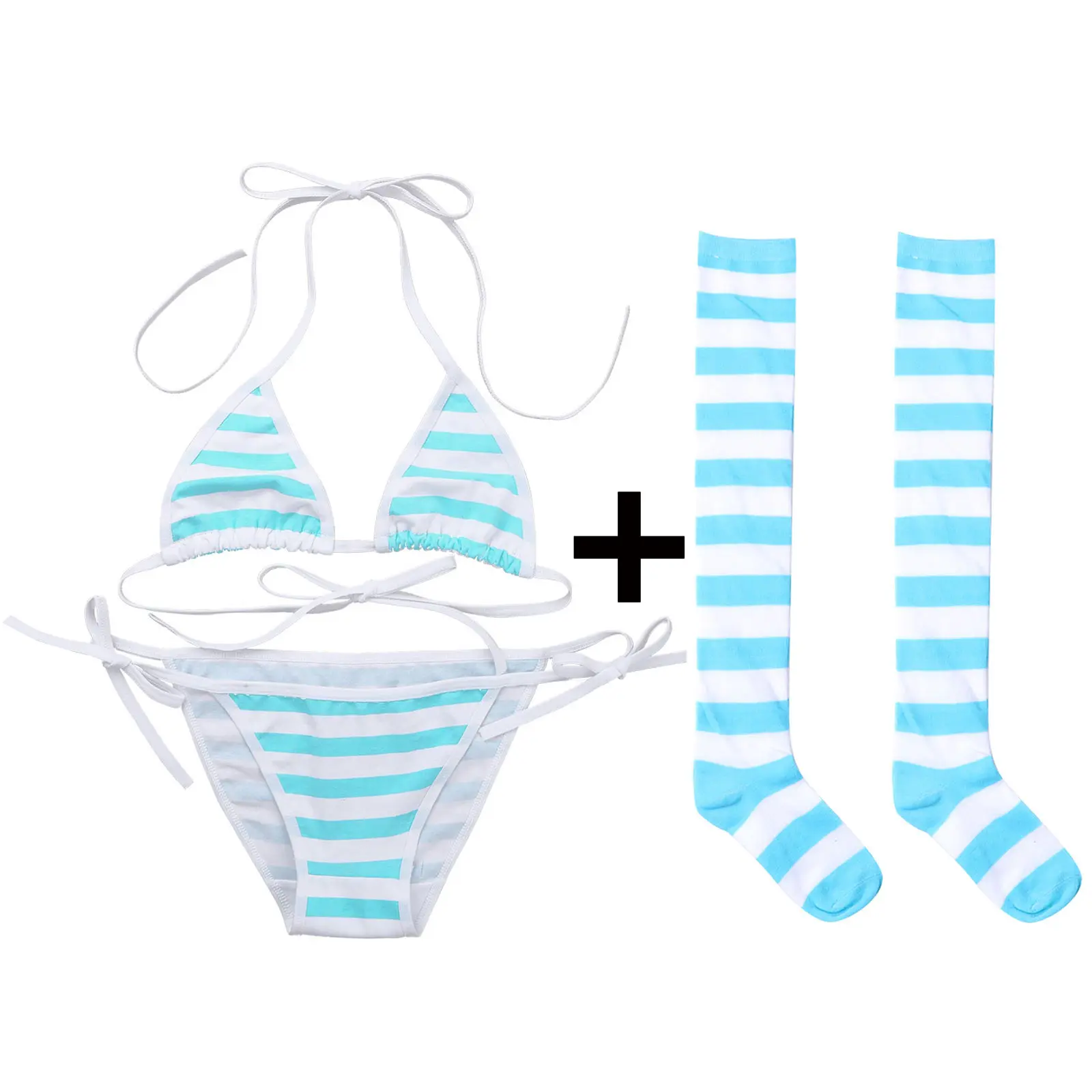 

Women Sexy Nightwear Kawaii Japanese Style Stripes Bikini Strappy Bra with G-String Stockings Lingerie Set Femme Cosplay Lolit