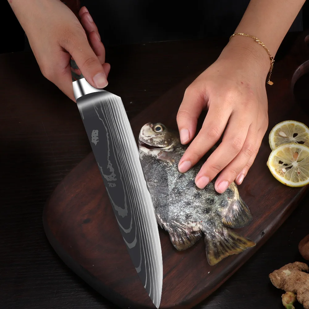 SANLEPUS Chef knife 3 PCS Set Kitchen Knives Laser Damascus Pattern Sharp Japanese Santoku Knife Cleaver Slicing Utility | Дом и сад