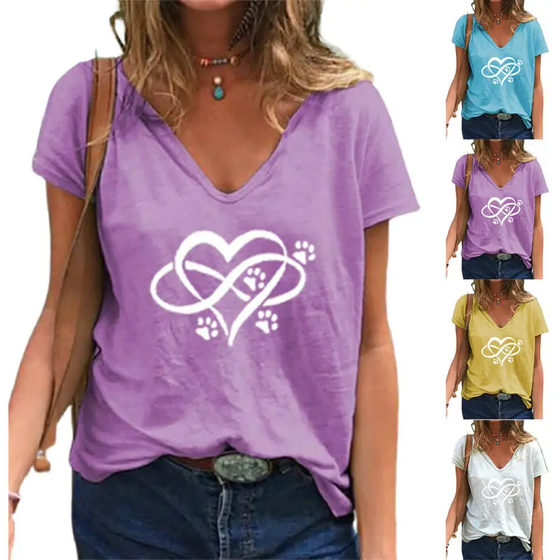 

Футболка женская с V-образным вырезом, повседневный топ с коротким рукавом, свободная рубашка с принтом, летняя повседневная одежда