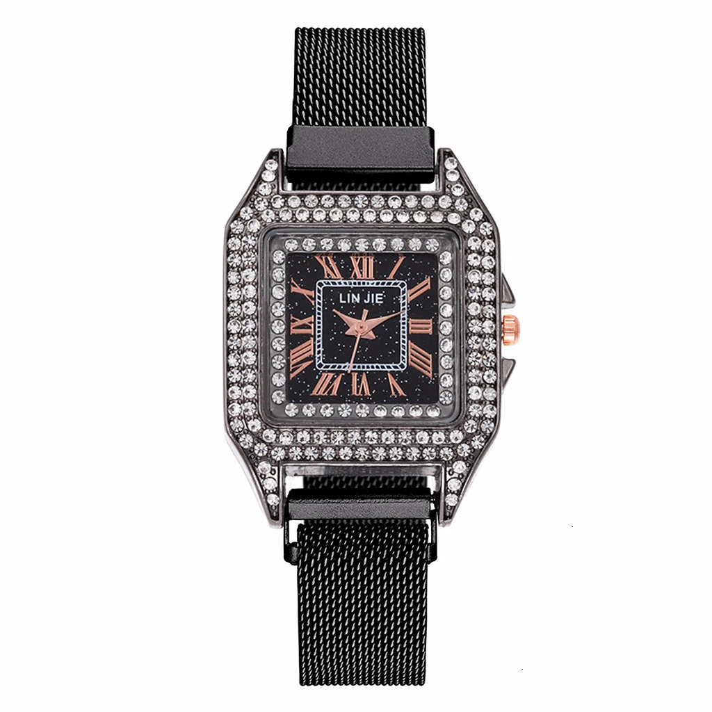 Women Magnet Buckle Square Case Shape Diamond Watch Luxury Ladies Stainless Steel Belt Quartz Watches Gift Clock - Color: black
