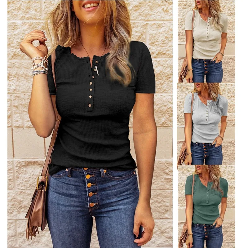 

Explosive loose U-neck button T-shirt women's Short Sleeve Top
