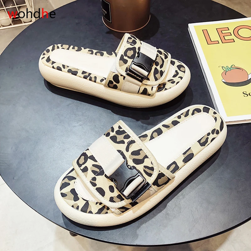 

wohdhe Casual Sneakers Women Slippers Thick Bottom Leopard Buckle Slides Summer Sandals 2020 Soft Beach Shoes