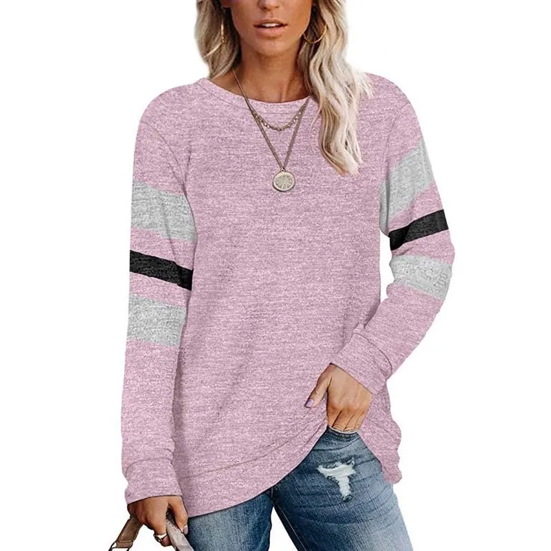 

Fashion Women T-shirt New Autumn Casual Hot Sale Round Neck Pullover Stripe Stitching Loose Plus Size Knitted T-shirt Donsignet