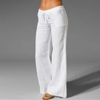 fashion women solid cotton and linen casual loose trouser wide leg pants high waist joggers pants capris good fabric