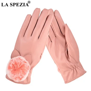 Женские кожаные перчатки LA SPEZIA, зимние перчатки с помпоном из кроличьего меха, розовые элегантные ветрозащитные флисовые женские перчатки из искусственной кожи