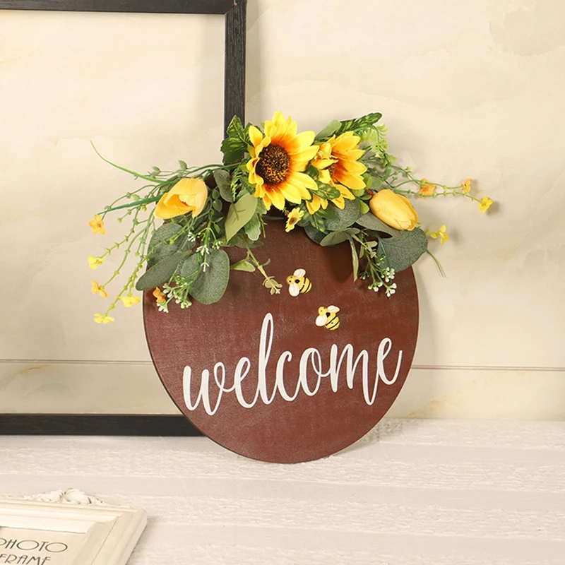 

Bee Day Artificial Sunflower Wreath Welcome Sign Hanging Round Wood Sign for Front Door Farmhouse Garland Wall Decor
