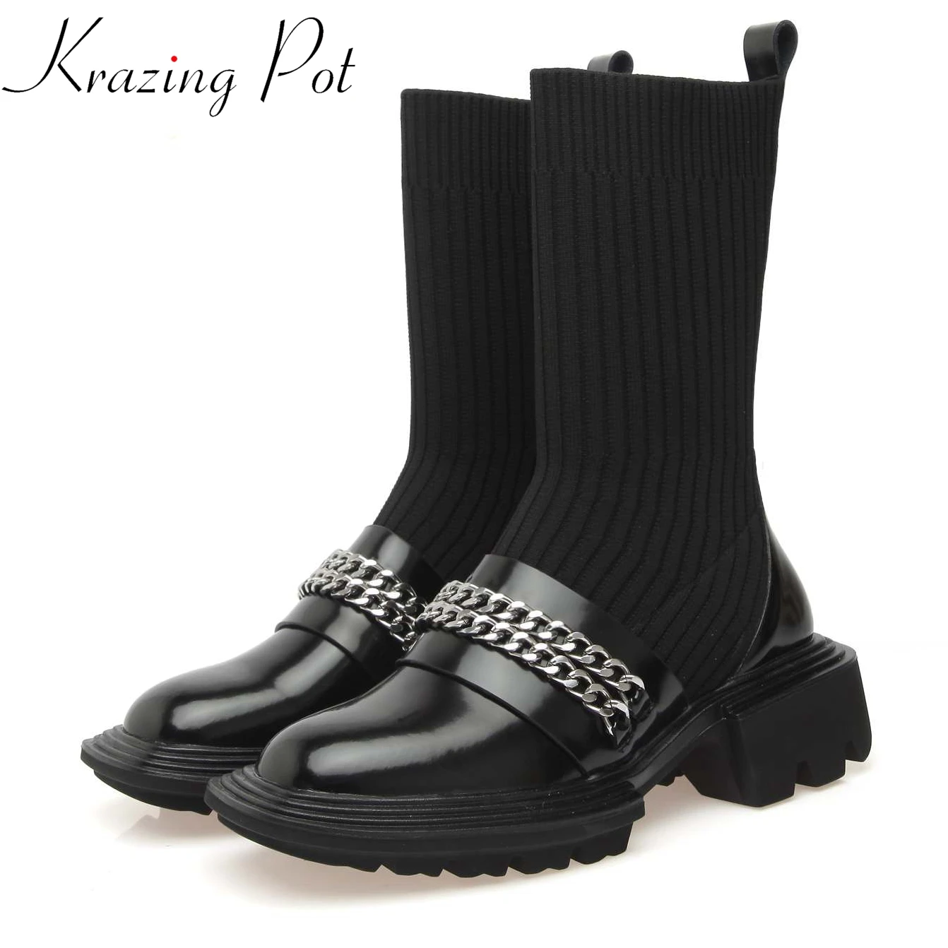 

krazing pot cow leather round toe superstar stretch boots med heels metal fasteners chain winter brand warm mid-calf boots l39