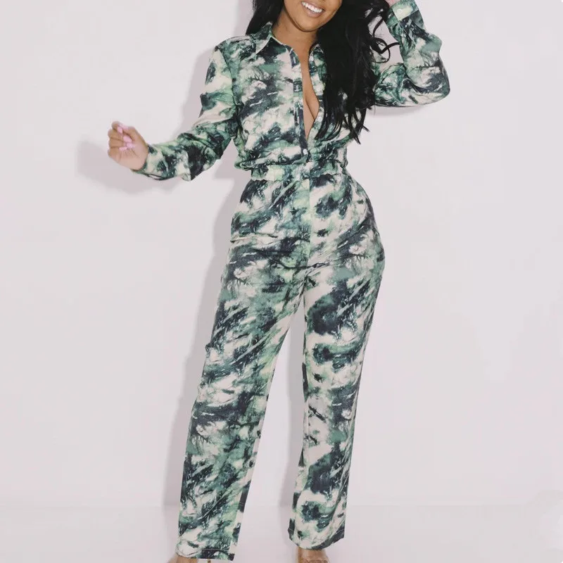 

2021 New Fashion Turn-Down Collar Printed Two piece Set Women Loose Shirt And Pants Set High Street Lady Full Sleeve Tracksuit
