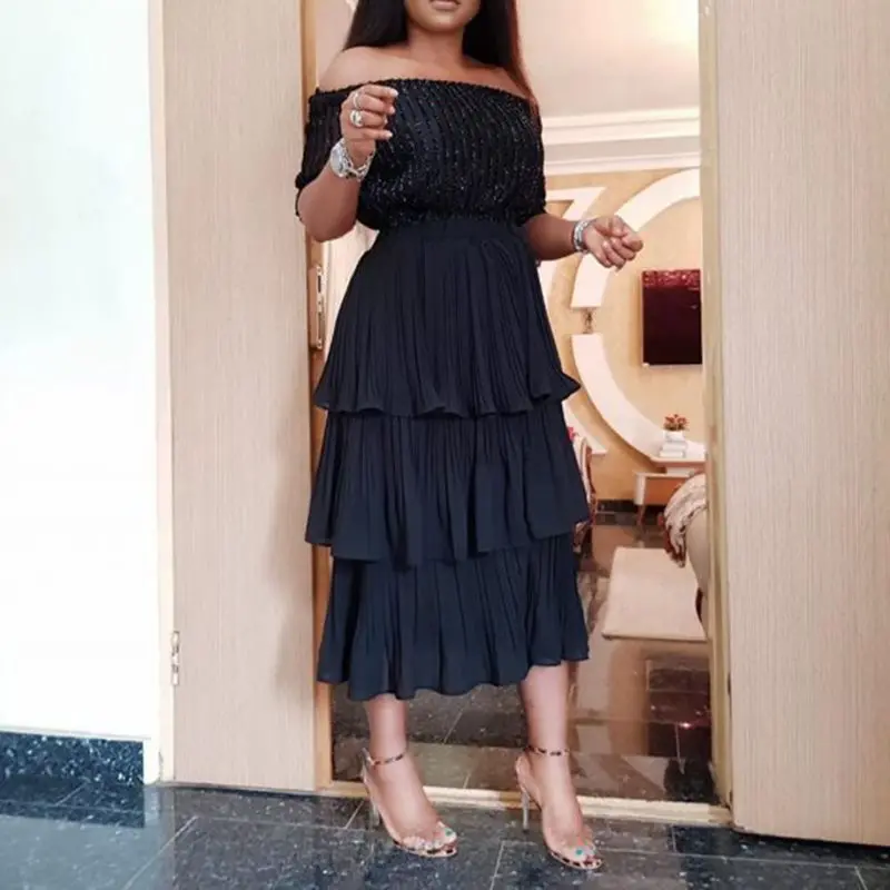 Женское многослойное платье шифоновое Плиссированное черное модное