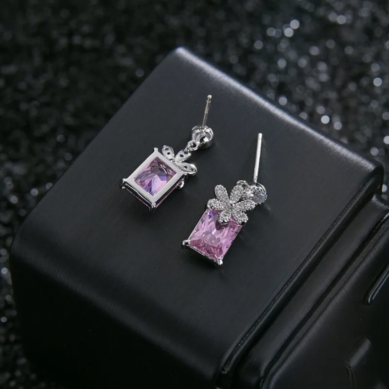

FXLRY Fashion Pink Color Cubic Ziron Geometric Rectangle Exquisite Earrings Drop Earring For Summer Jewelry