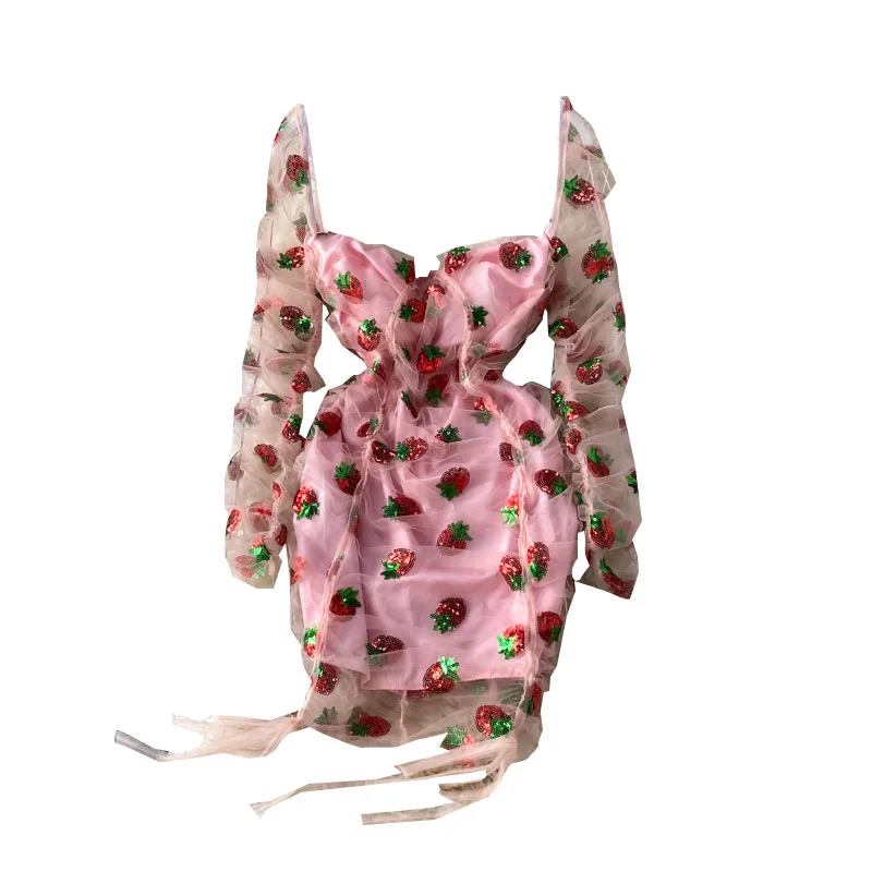 

Mesh dress strawberry pink shoulder new 2021 hip women's bra bubble sleeve drawstring stitching