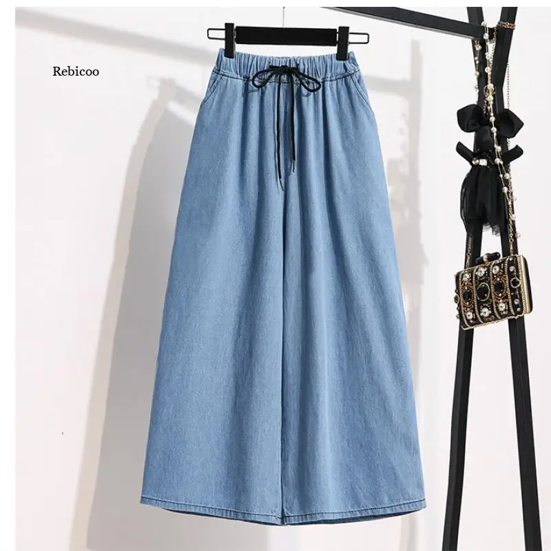 

Summer Women's Large Size Blue Thin Harlan Belted Jeans Loose High Waist Street Cropped Pants Clothing Denim Trousers Pants Bott