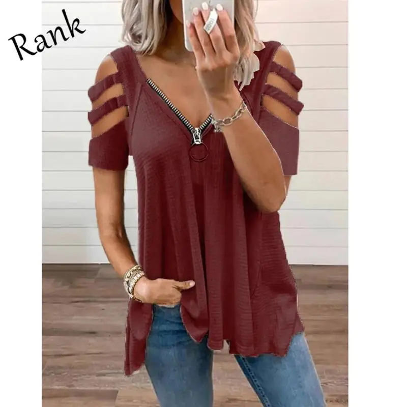 

Rank Women's Pure Color Casual T-Shirt Strapless Loose V-Neck Sexy Elegant Top Fashion Large Size Zipper Hollow Short Sleeve