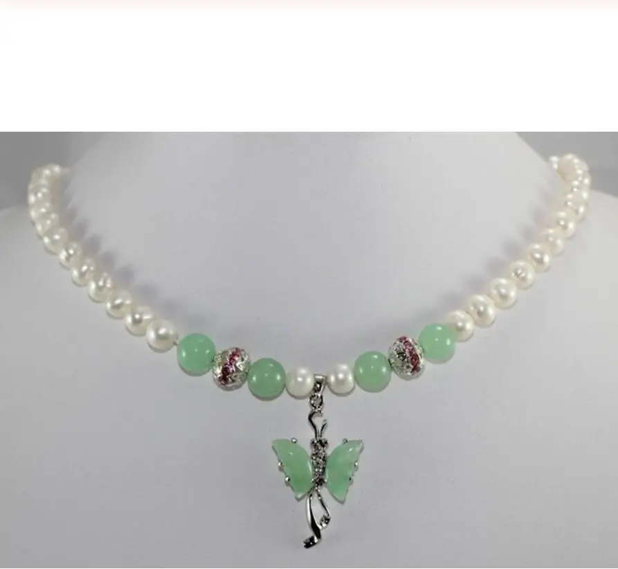 

Wholesales -Jewelry Noblest white pearl &Jade green butterfly pendant necklace