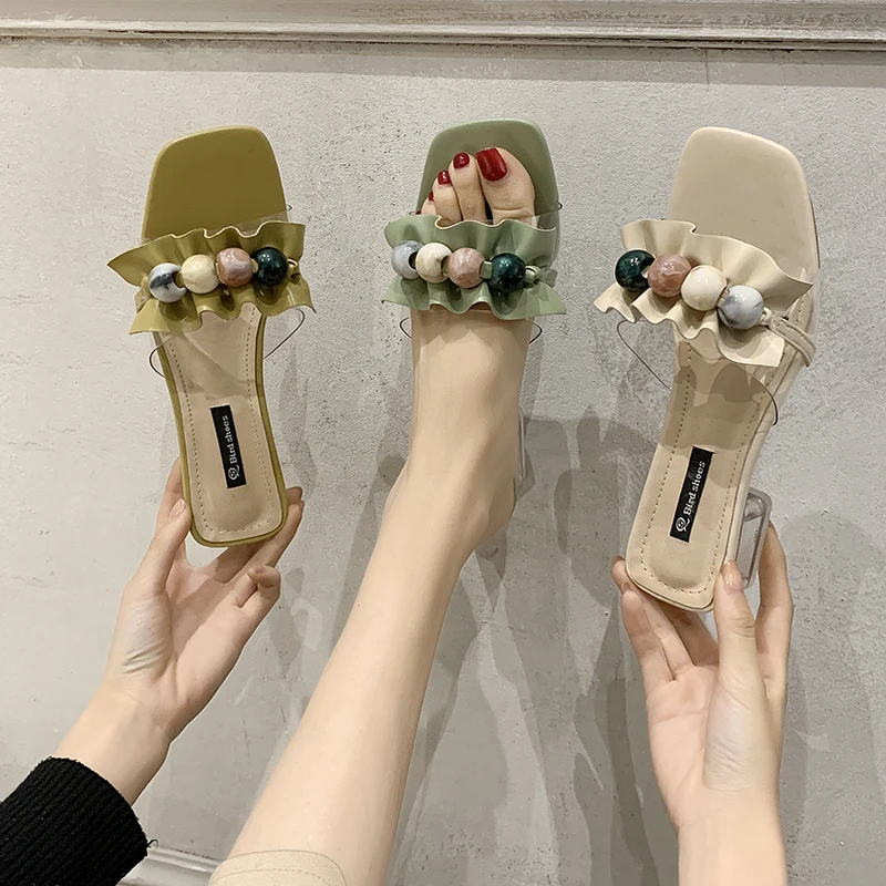 Женские туфли без задника прозрачные на толстом среднем каблуке шнурок для обуви