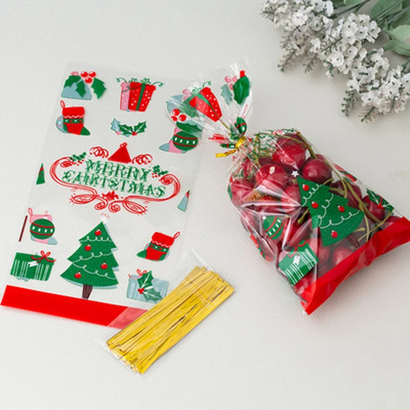 

100pcs Merry Christmas Baking Packaging Plastic Bags Cookies Candy Storage Bag Christmas Santa Claus Snowman Snack Candy Bag