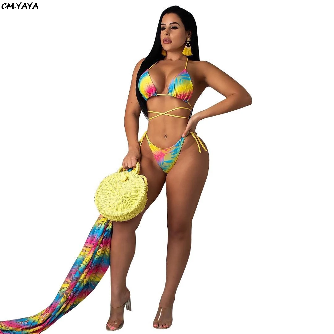 Женский пляжный шифоновый комплект из 3 предметов боди с высоким разрезом сбоку и