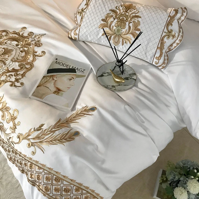 

White Jacuquard Duvet Cover Fine Gilt Embroidery Bedding Set 220x240 Queen Double Bed Sheet Pillocase 4pcs Bed Set