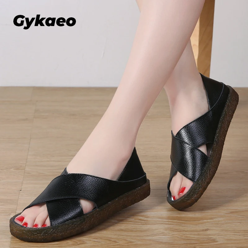 

2021 New Peep Toe Genuine Leather Sandals Women Flat Summer Shoes for Girl Woman Gladiator Sandalias Ladies Sandalias Mujer