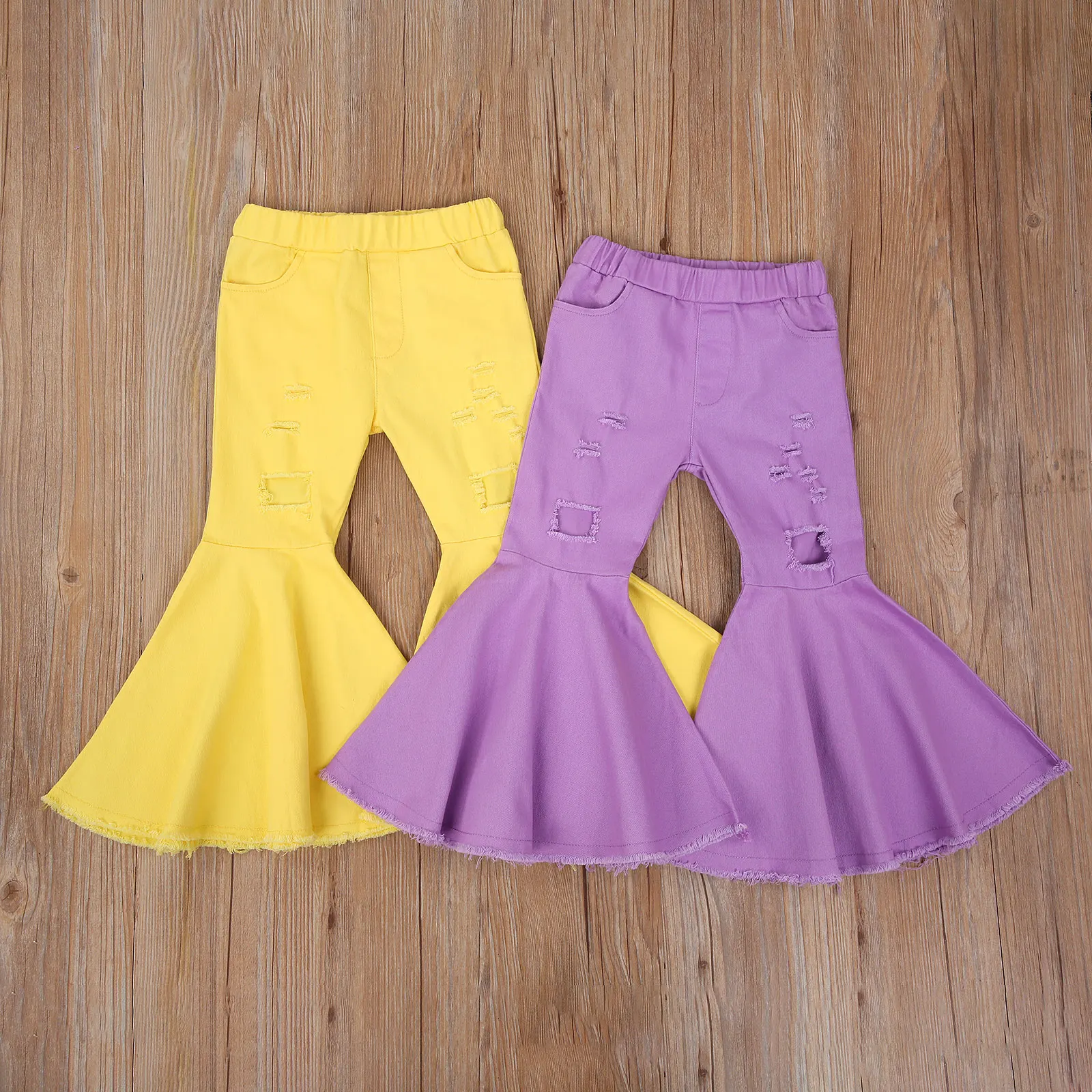 

Autumn winter New Girls Ripped Flared Trousers Ruffle Solid Color Ripped Hole Keep Warm Winter Fall High Waist Clothes 1-7Y