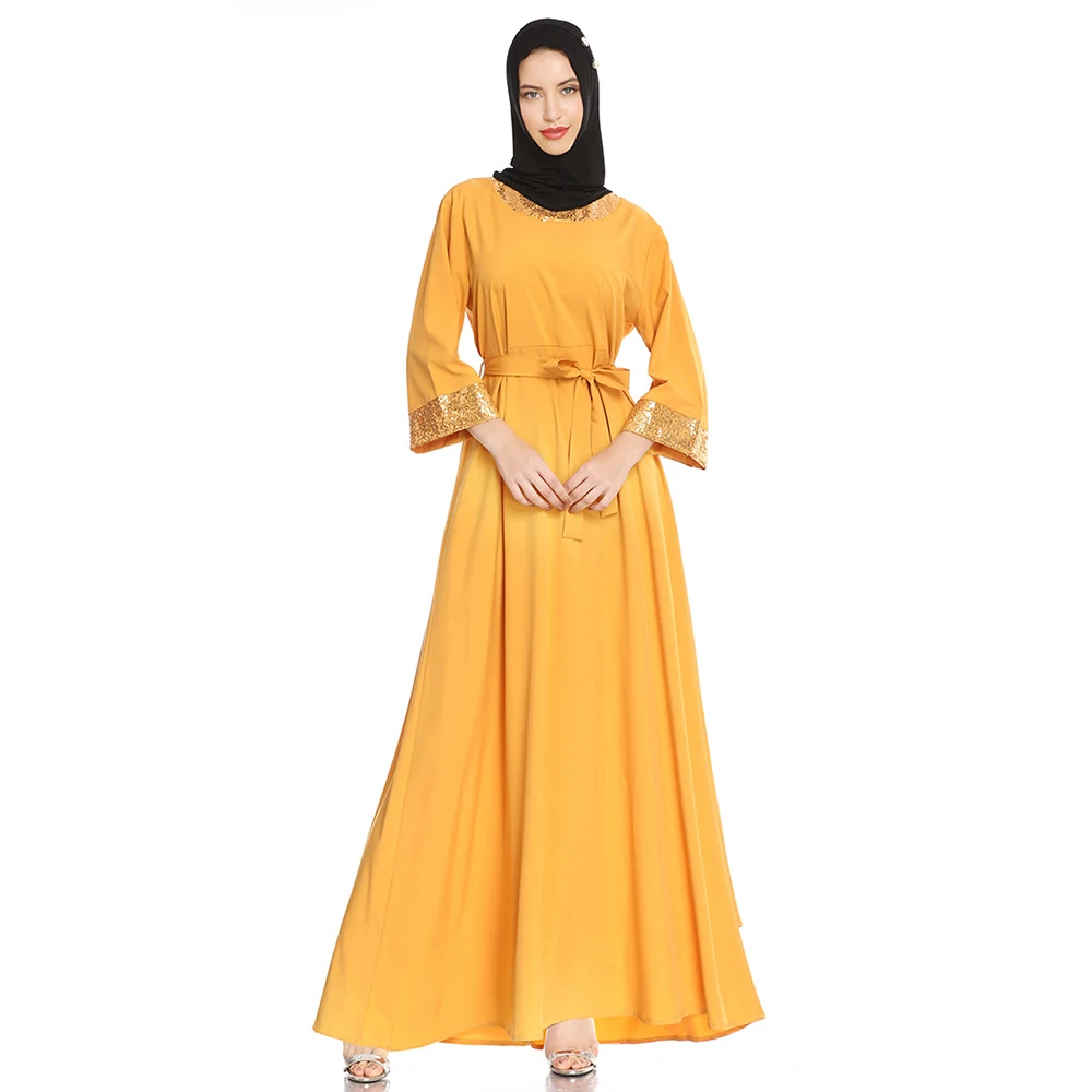 

Модные платья макси с блестками, женские платья с О-образным вырезом и рукавом 3/4, абайя, Дубай, бубоу, облегающий пояс, Африканский кафтан, ха...