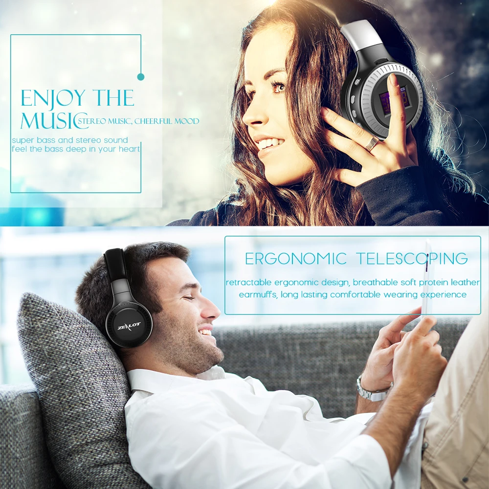 ZEALOT B19 Bluetooth наушники беспроводная гарнитура Накладные FM радио Micro SD карта MP3 с