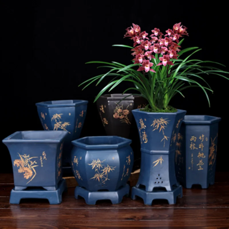 

Горшок для цветов орхидеи из исинской керамики, горшок бонсай с фиолетовым песком, 6 квадратных дышащих ваз для домашнего рабочего стола и с...
