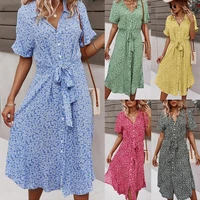 2022 shirt chiffon dress women spring summer printed bohemia casual with belt large swing dresses vestidos floral robe femme