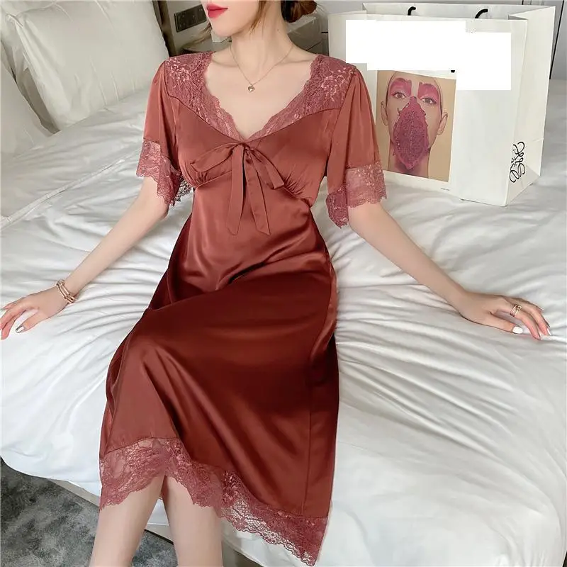 

Camisola de renda em cetim feminina, camisola sexy com decote v, mangas espaguete