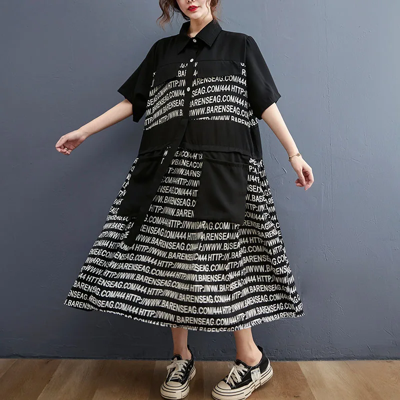 

Женское цельное платье-рубашка с коротким рукавом, черное винтажное платье средней длины с буквенным принтом, модель большого размера в Кор...