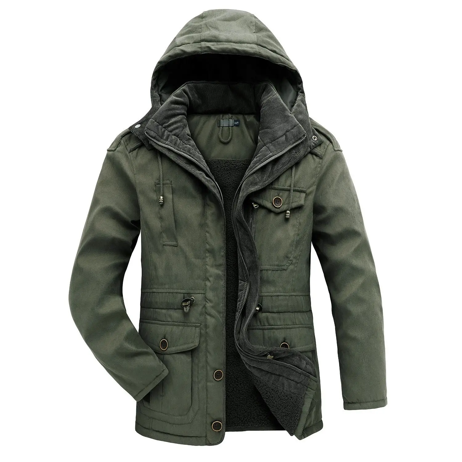 

Mens Winter Coat Cotton-padded Jacket Multi-pocket Plus Size Thick Hooded Color Mid-length Warm Clothing -40