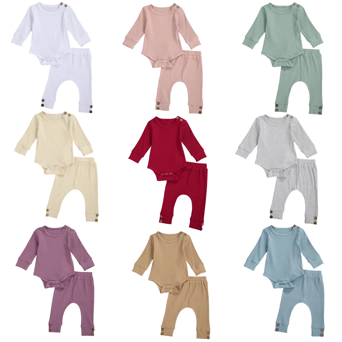 

New Newborn 2Pcs Infant Baby Girl Outfits Long Sleeve Rib Knitted Romper + Elastic Waist Pants Set Solid Hot Sale