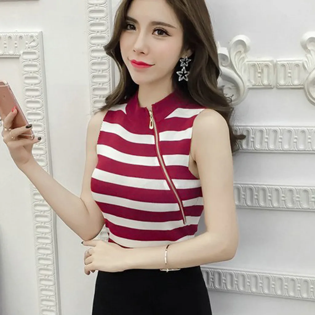 Женская футболка в полоску Вязанная без рукавов майка летняя тонкая топы Camiseta Mujer