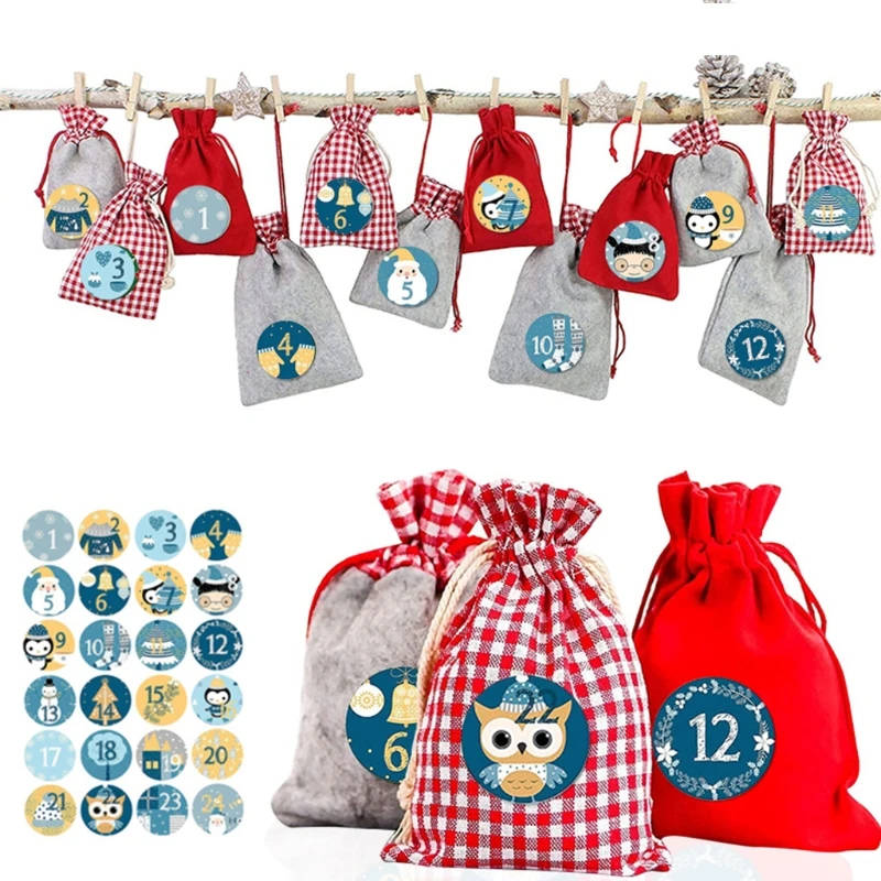 

Календарь для нового года D7WA, 24 дня, многоразовые Подарочные мешки для конфет на шнурке