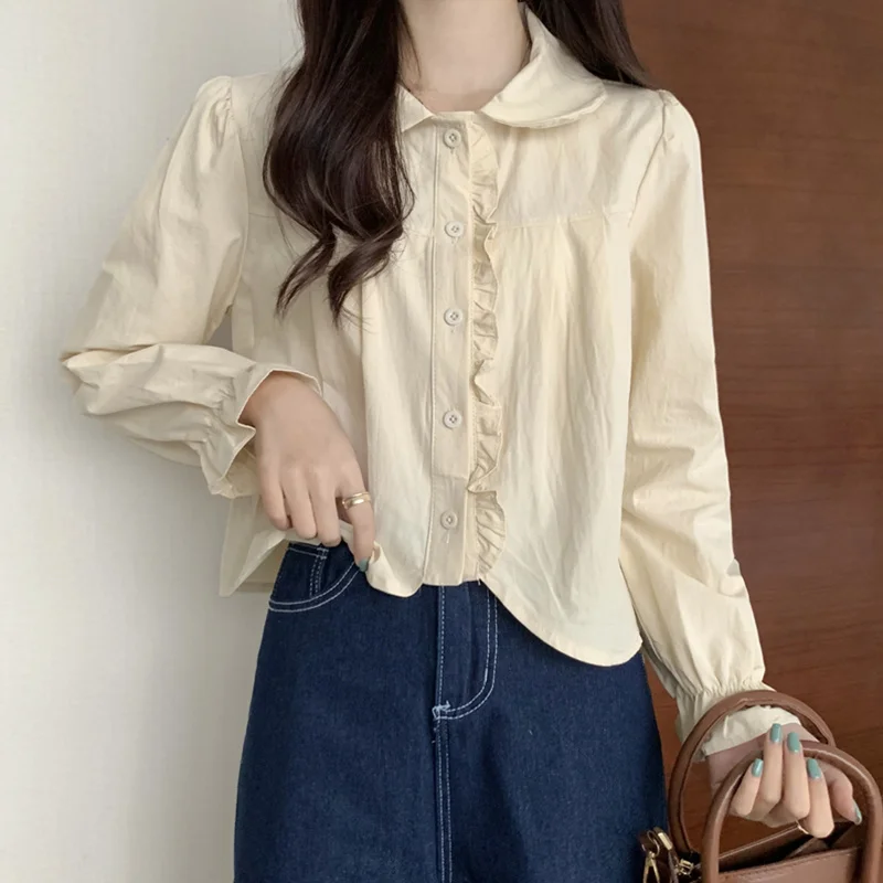 

Doll collar long sleeve shirt female design sense of minority spring autumn 2021 new sweet girl chic short top
