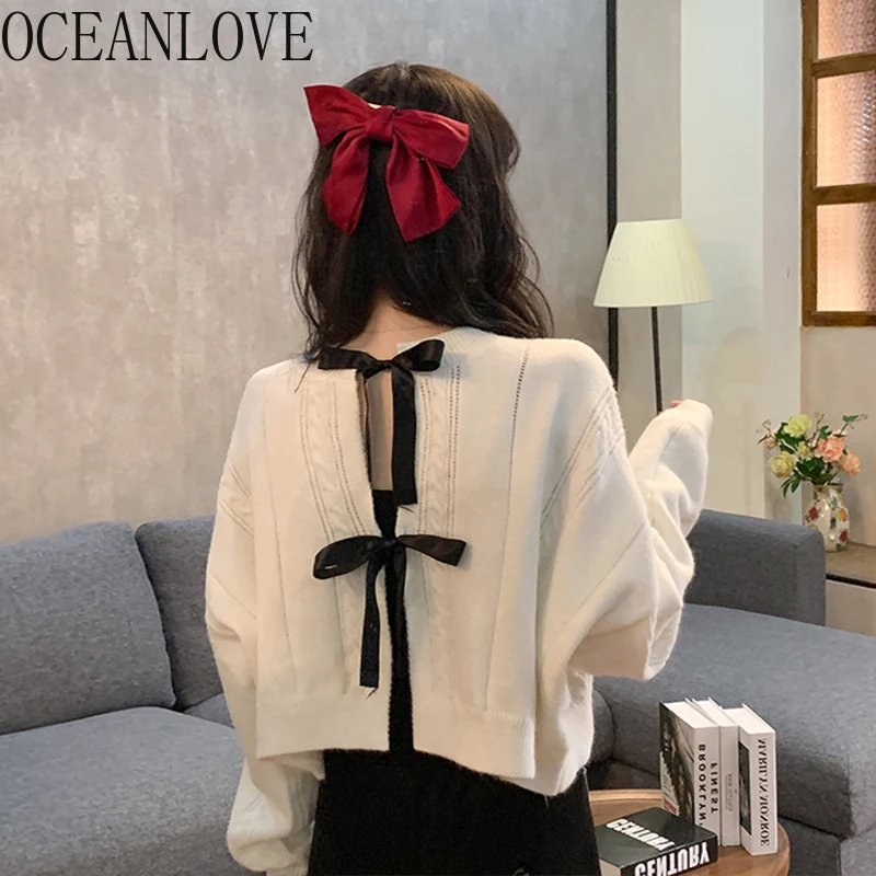OCEANLOVE Kawaii Японские Женские свитера однотонные на шнуровке Короткие осенне-зимние