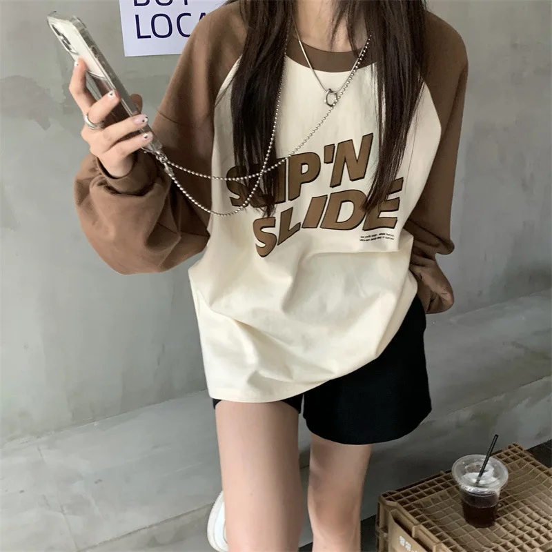 

Women Loose Pullover Letter Print O-neck Sweatshirt Color Contrast Long Sleeve Top Autumn Casual Korean Style Kpop Street