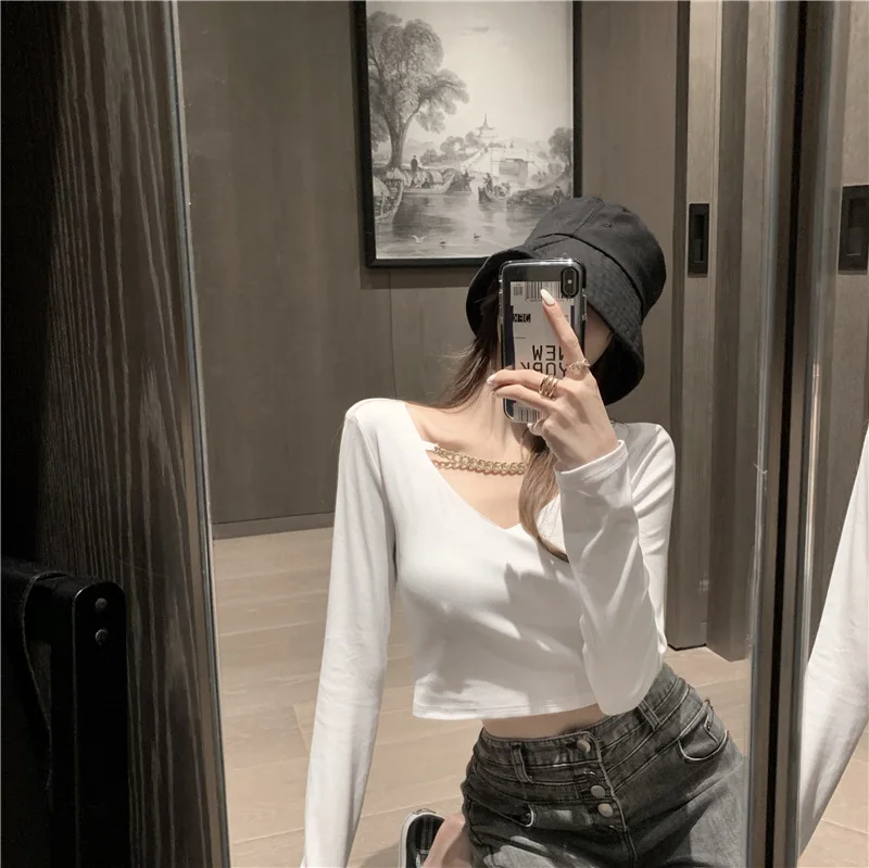 

European and American autumn new slim long sleeve V-neck bottoming shirt top Joker short navel pullover T-shirt women's wear