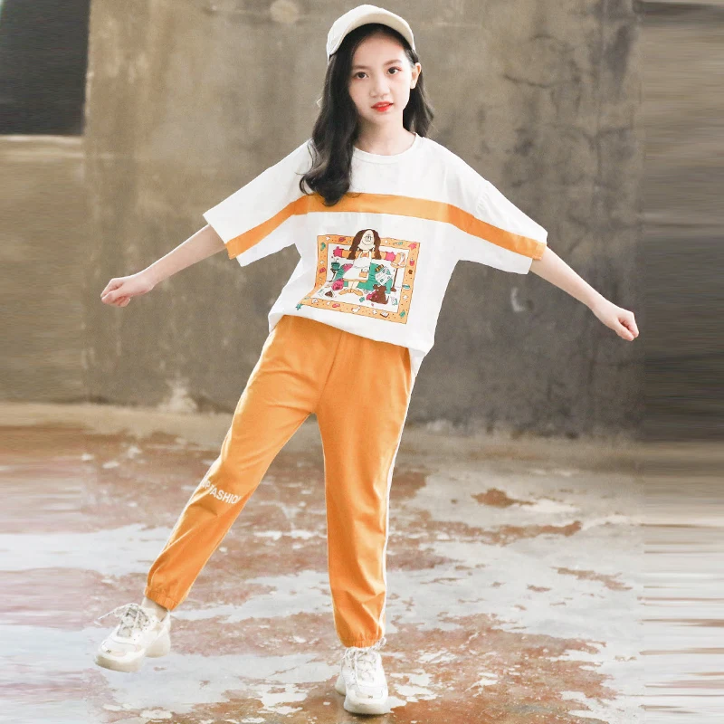 2020 Summer Girls Outfits White T-Shirt &amp Pants 2pcs Child sports sets 6 8 10 12 Year Teen Kids Girl Clothes Casual Tracksuit |