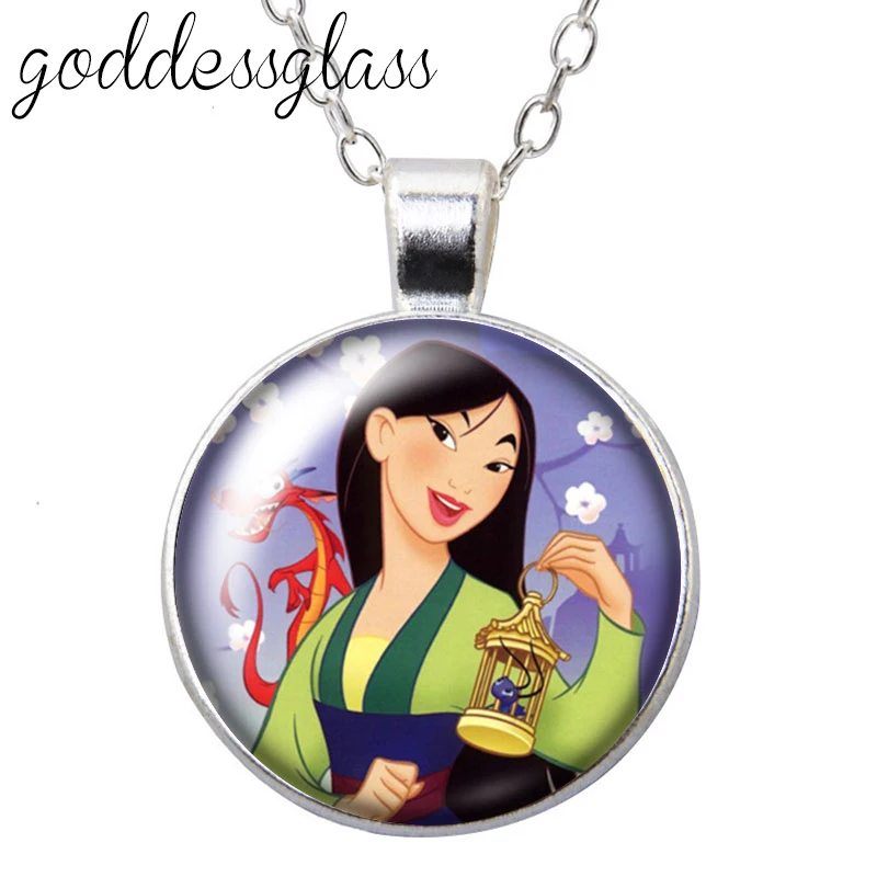 

Princesses jasmine merida Mulan pochahontas Girls Gift Glass glass cabochon silver plated/Crystal pendant necklace jewelry